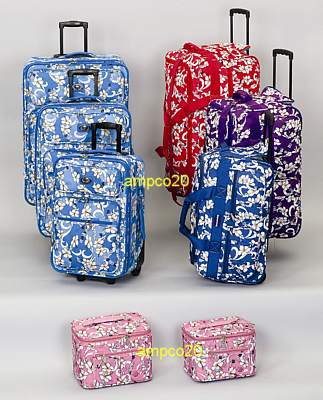 Hawaiian Print 3 Pc Rolling Luggage Set Colors Red Pink